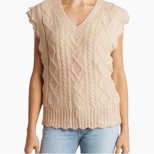 FRNCH Paris Tamara Cable Knit Sweater Vest Scalloped Sleeveless Tan Size XS